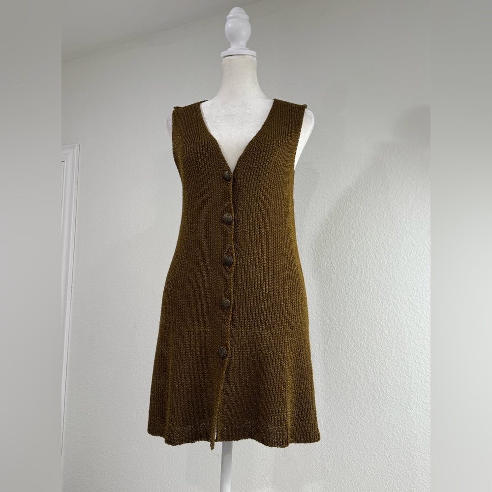 Vintage Carole Little Olive Gold Metallic Sleeveless Button Up Knit Dress S Mini